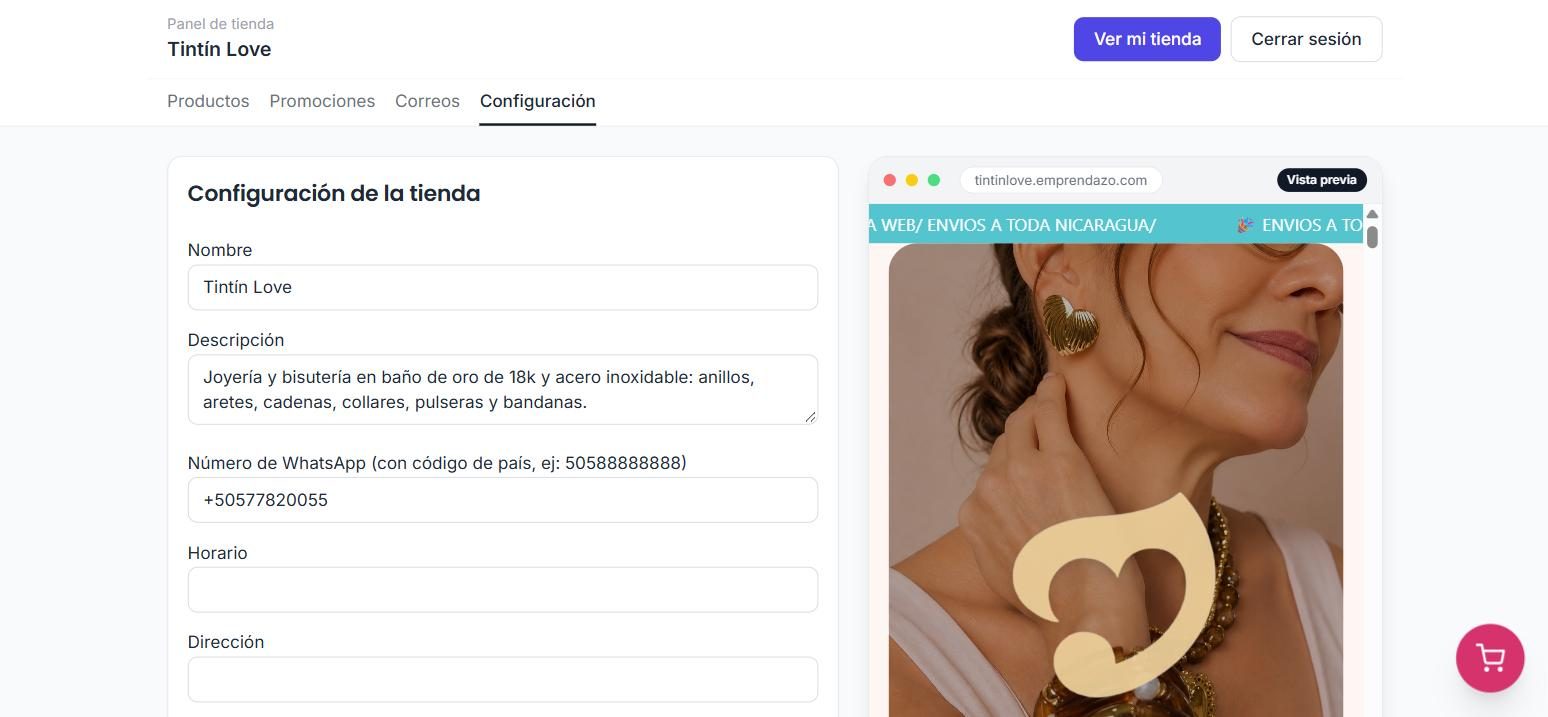 Configuración de la tienda con vista previa
