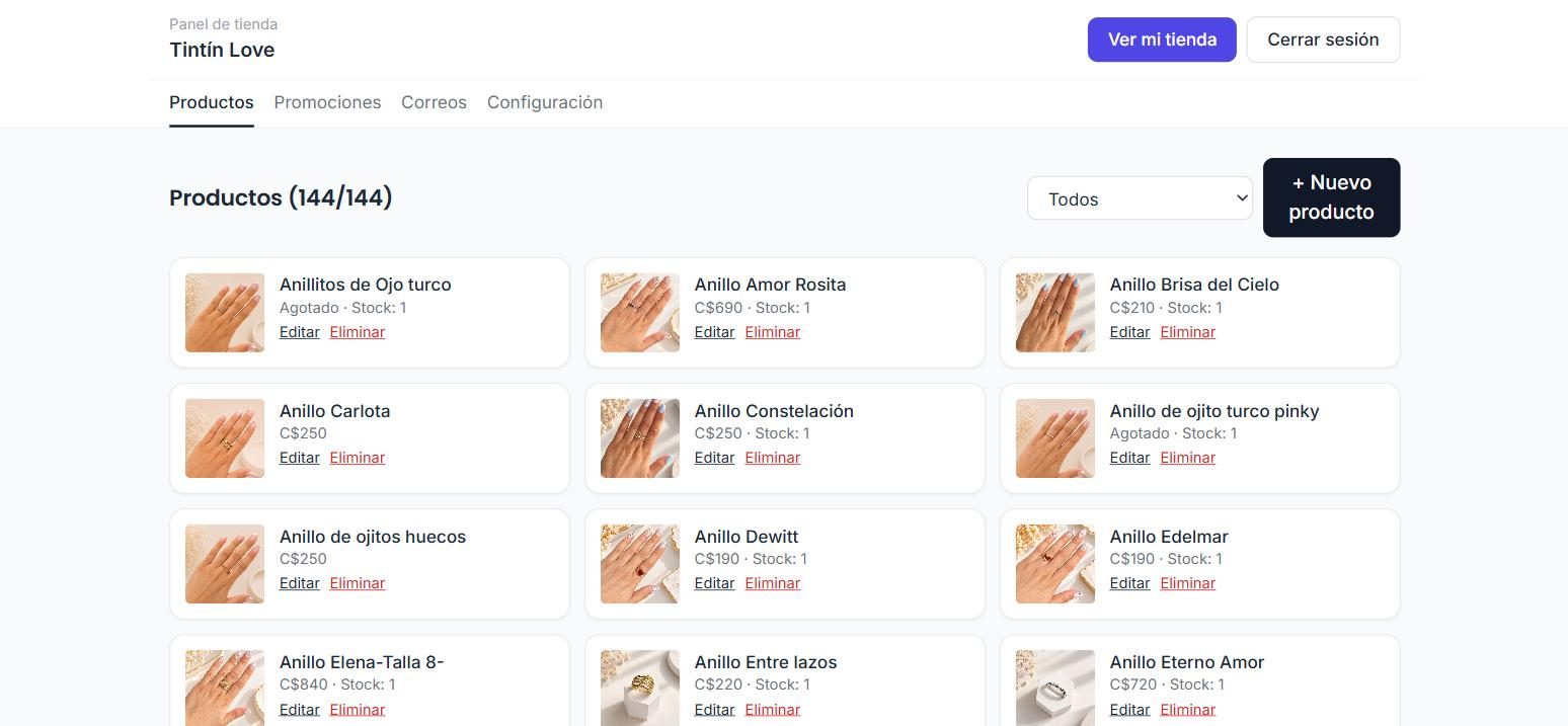 Panel de productos de Tintín Love